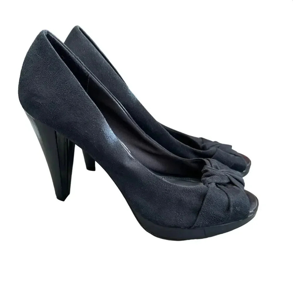 Fioni Black Peep toe 4" platform heels fabric upper + patent leather heel size 9